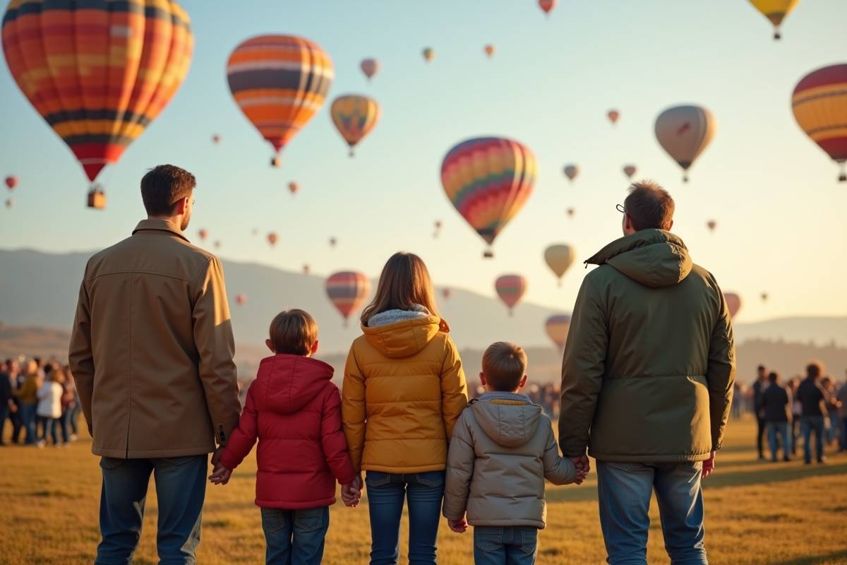 Groupe d'enfants et adultes regardant les ballons colorés dans le ciel