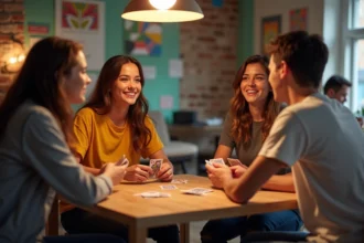 Groupe de jeunes adultes jouant aux cartes dans une salle conviviale