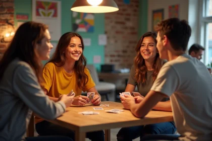 Groupe de jeunes adultes jouant aux cartes dans une salle conviviale
