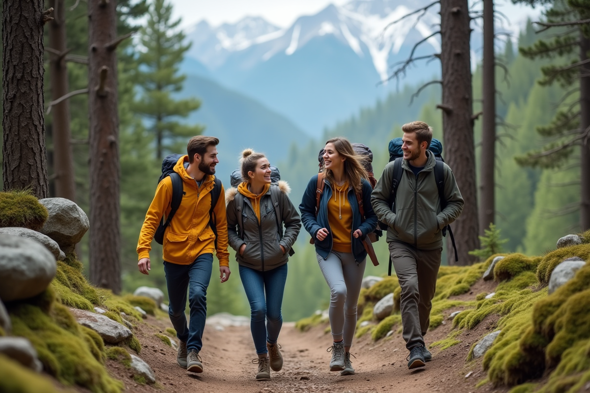 Groupe de jeunes randonneurs en forêt avec montagnes en arrière-plan