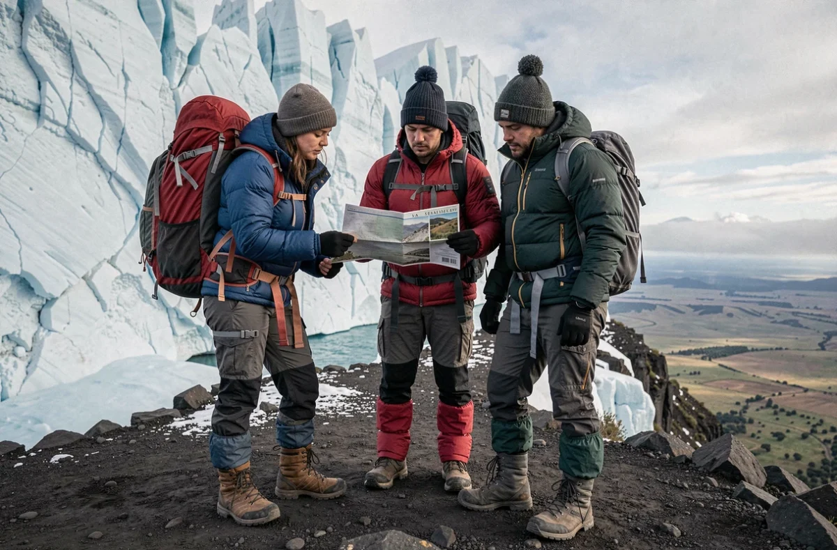 Groupe de randonneurs en tenue technique au camp de Stella Point sur le Kilimandjaro avec glacier en arrière-plan