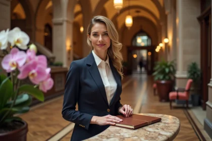 Hall d'entrée luxueux d'un hôtel 5 étoiles en Alsace avec sol en parquet et réception en marbre