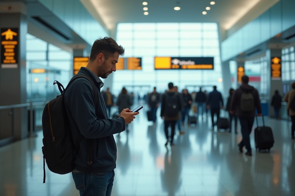 Homme en voyage regardant son smartphone à l
