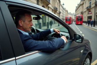 Homme d'affaires en costume dans une voiture à Londres