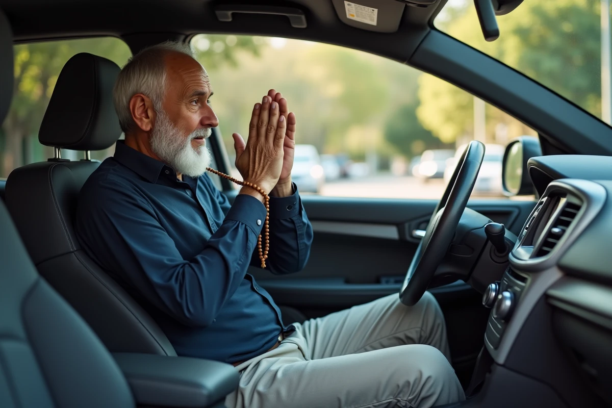 Homme âgé récitant une duaa du voyage assis dans une voiture garée avant un départ avec un chapelet autour du poignet