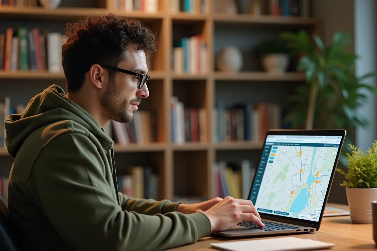 Homme préparant son trajet sur Via Mappy depuis son bureau à domicile pour anticiper les embouteillages