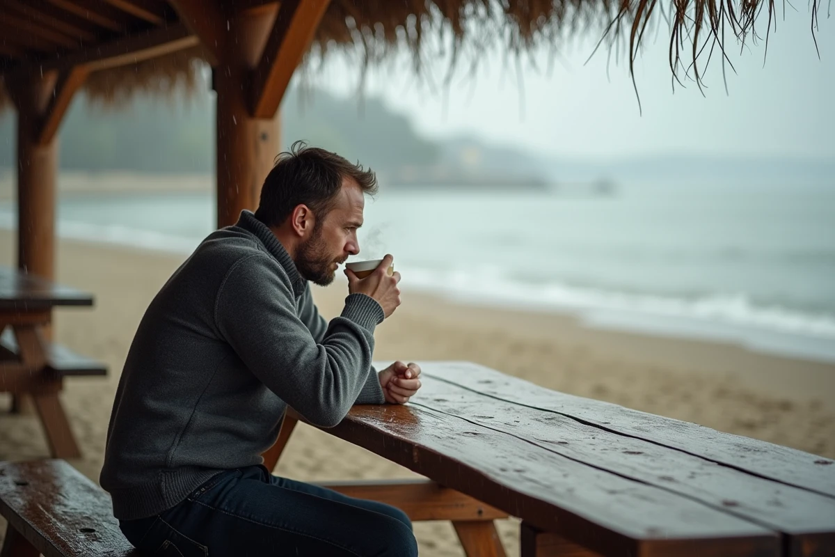 Homme buvant un café sous un abri en bois face à la plage de Conleau à Vannes sous la pluie