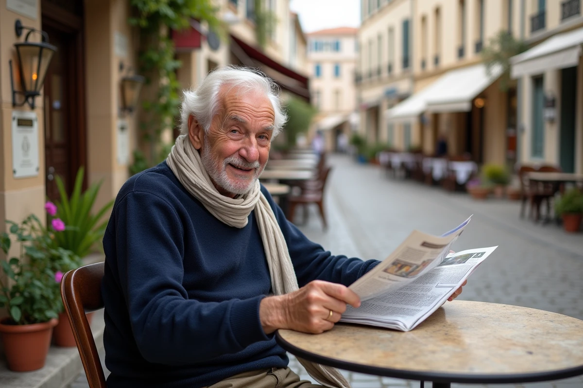 Homme âgé lisant un journal au café de Leucate