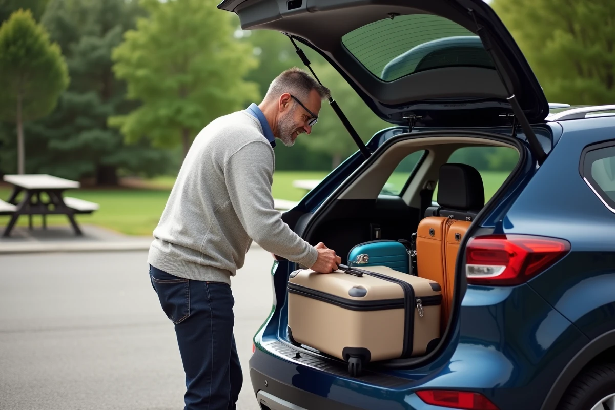 Homme chargé une valise dans coffre de voiture au bord de route