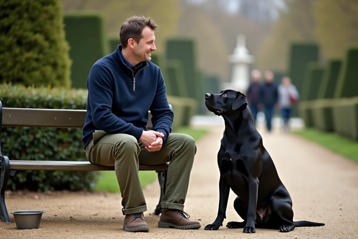 Homme assis sur un banc dans un jardin public parisien avec son labrador noir à ses pieds