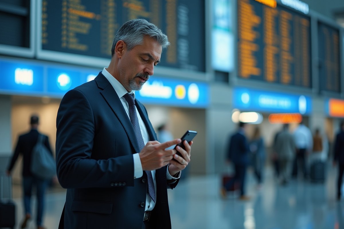 Homme en costume vérifie son téléphone près du tableau d