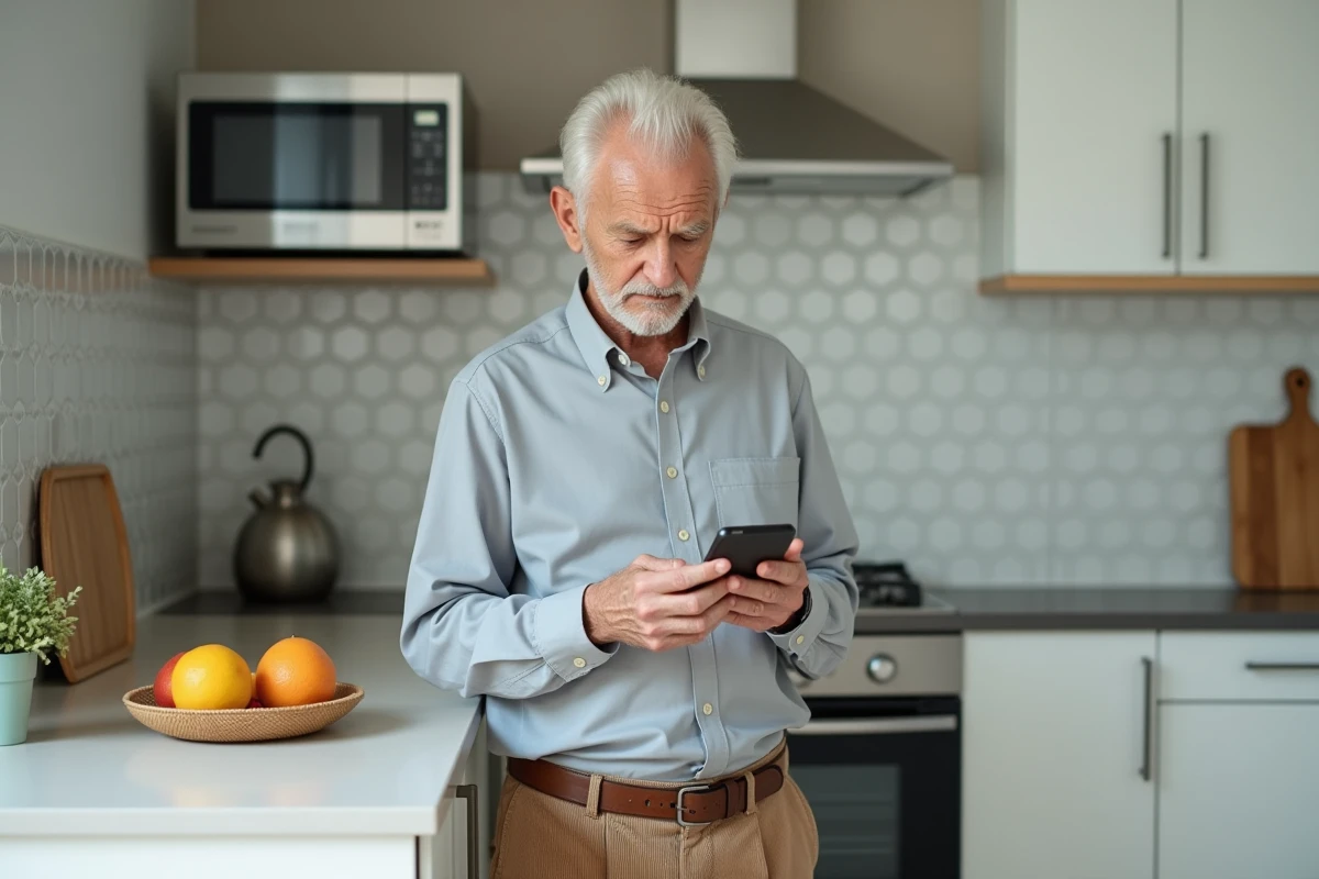 Homme âgé dans une cuisine moderne regardant son smartphone