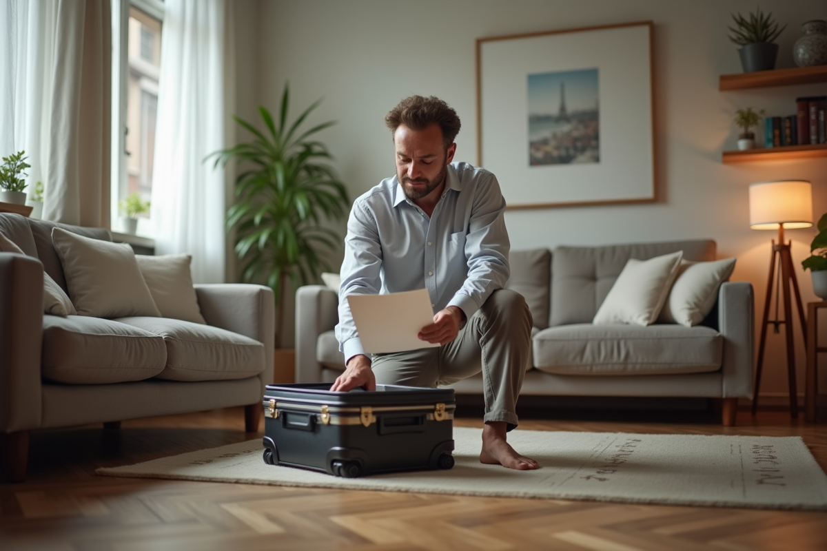 Homme déballant une valise dans un salon accueillant