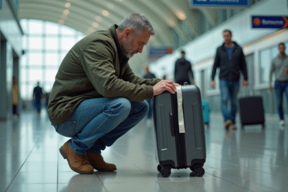 Homme en jeans et veste emballant sa valise à l'aéroport