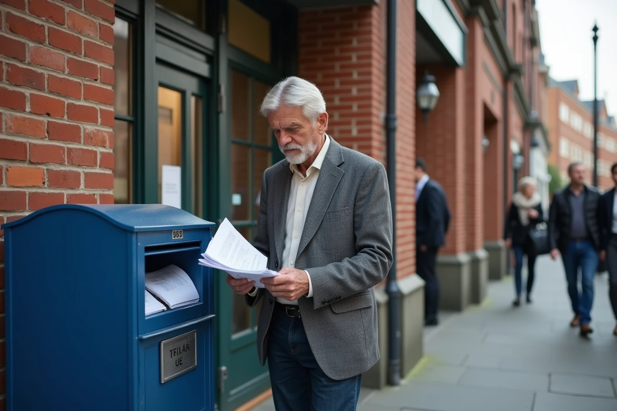 Homme âgé vérifiant des formulaires devant une boîte aux lettres