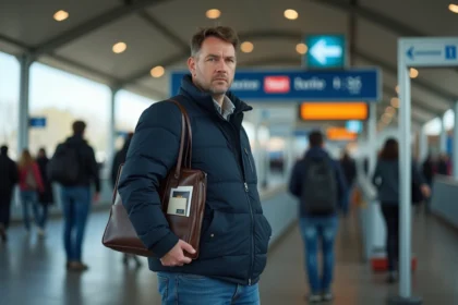 Homme au poste frontière espagnol français avec sac dutyfree