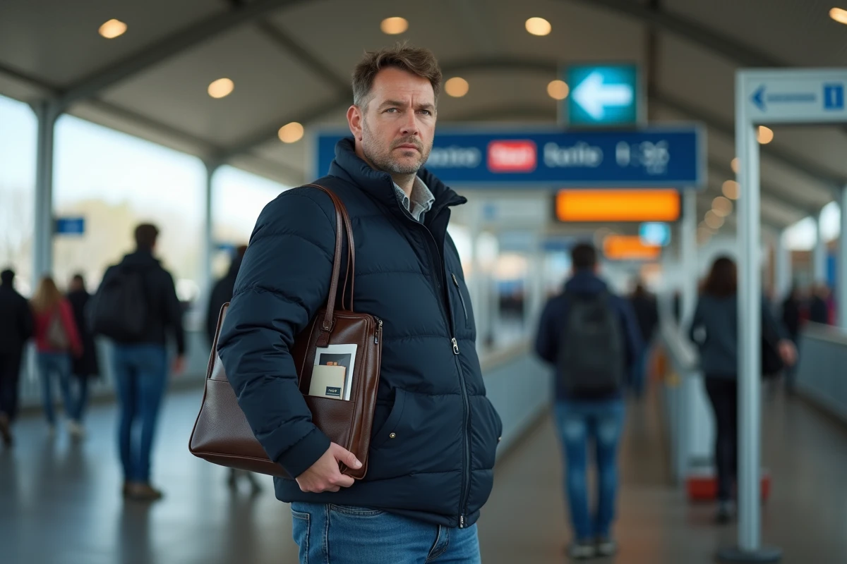 Homme au poste frontière espagnol français avec sac dutyfree