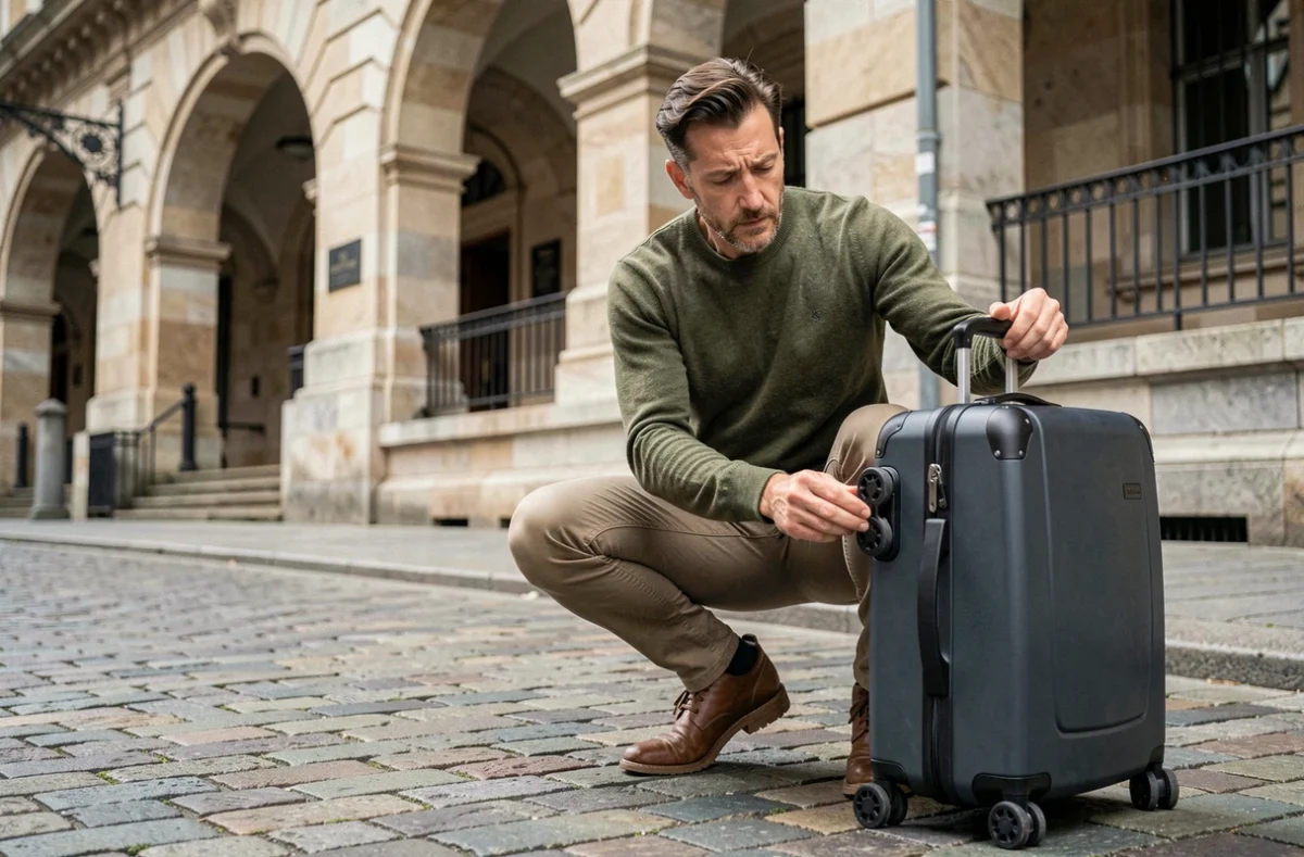 Homme inspectant les roulettes et la poignée télescopique d'une valise cabine devant une gare européenne, illustrant les détails fonctionnels du bagage