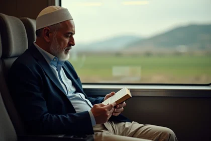 Homme musulman priant dans un train en voyage