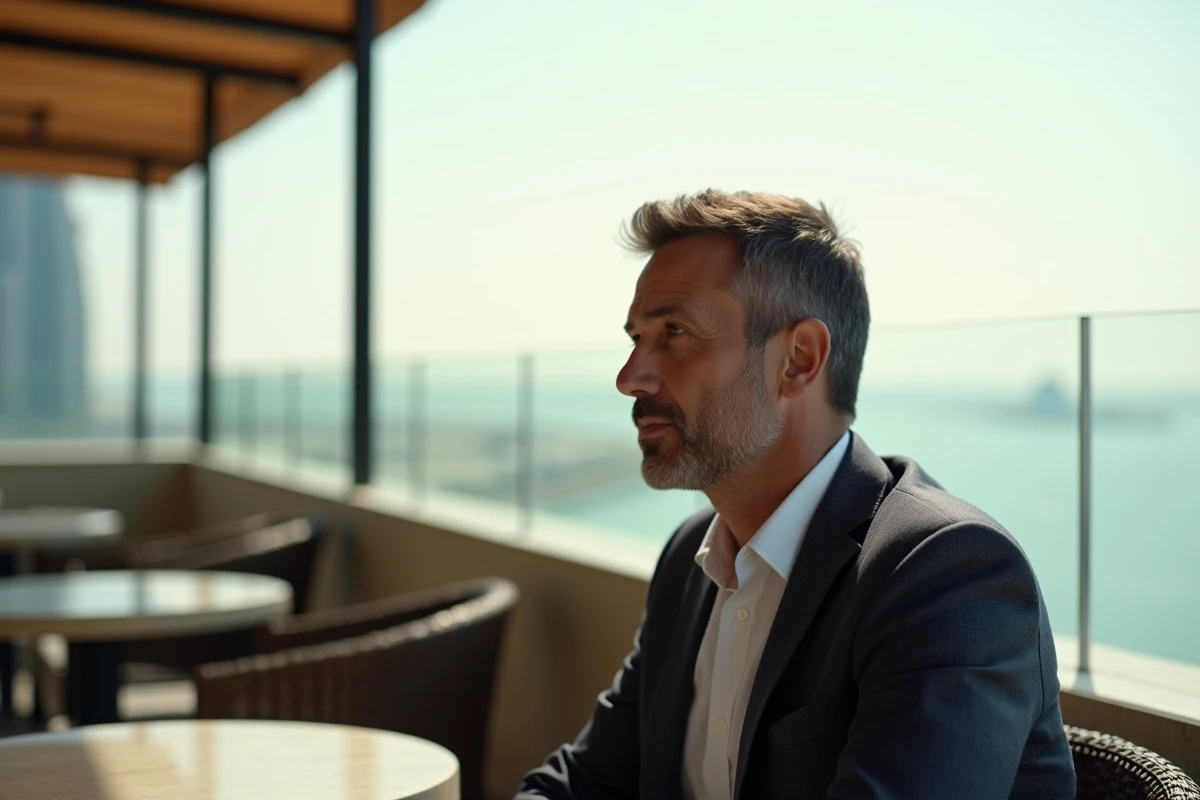 Homme d affaires sur la terrasse de Palm Jumeirah