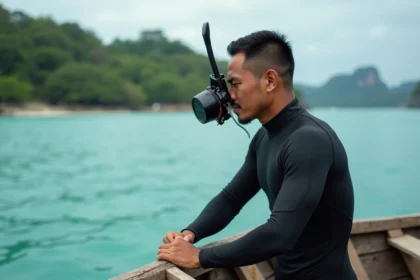 Homme en combinaison de plongée ajustant son masque sur un bateau en pleine nature