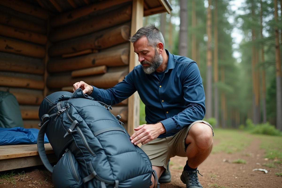 Homme avec duvet et sac à dos près d’un abri en forêt