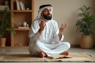 Jeune homme en tenue blanche récitant une duaa du voyage les mains levées sur un tapis de prière dans un intérieur calme et chaleureux