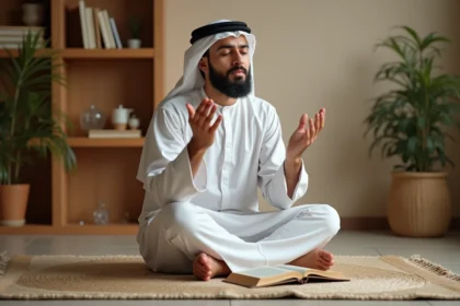 Jeune homme en tenue blanche récitant une duaa du voyage les mains levées sur un tapis de prière dans un intérieur calme et chaleureux