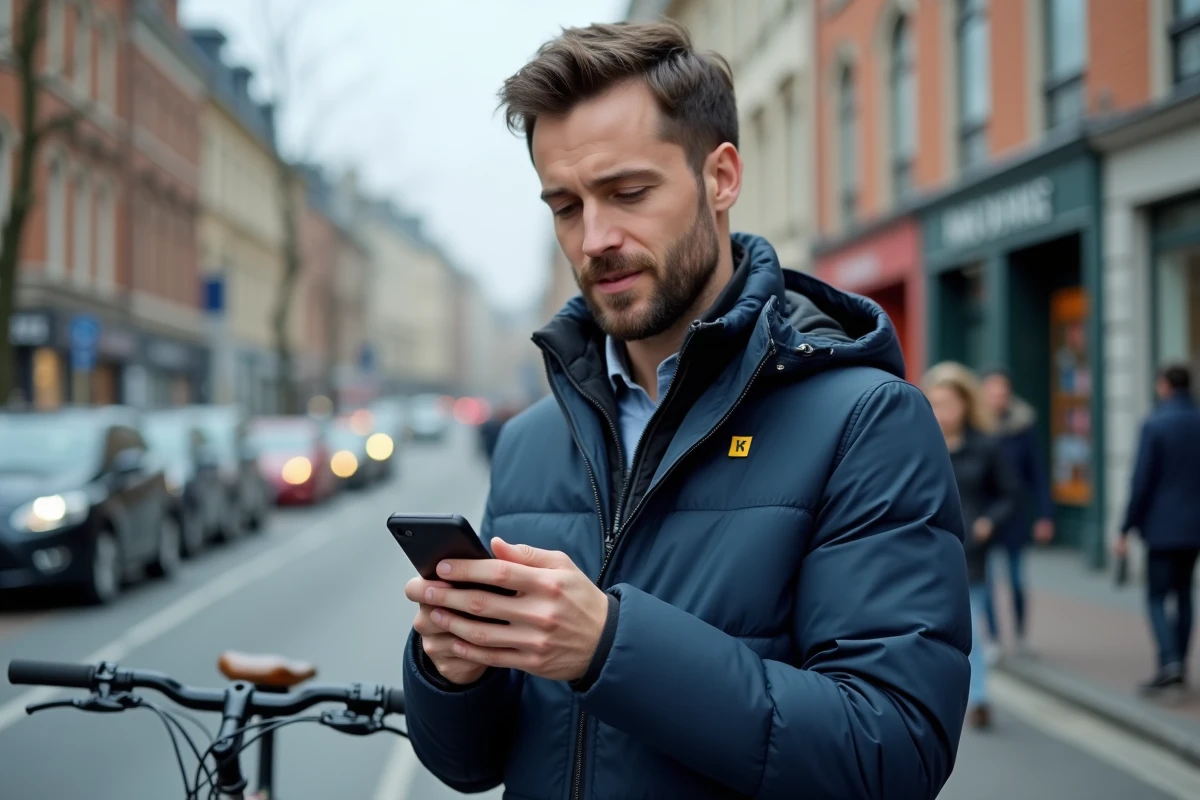 Homme à vélo consultant Via Mappy sur smartphone pour planifier un itinéraire sans embouteillages en ville