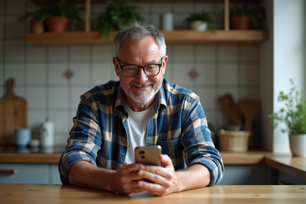 Homme vérifiant le mode avion à la maison dans la cuisine