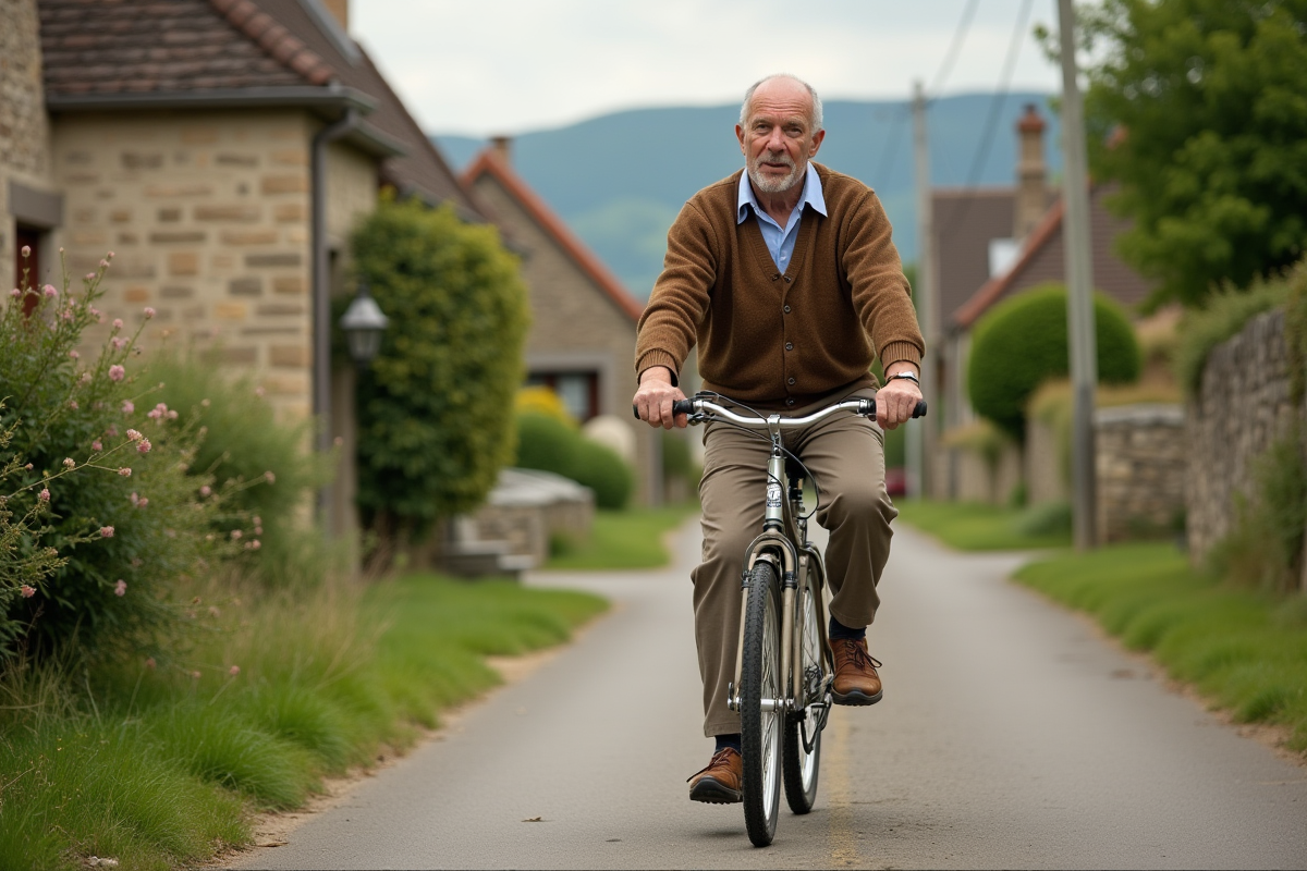 Homme âgé roulant à vélo dans un village rural