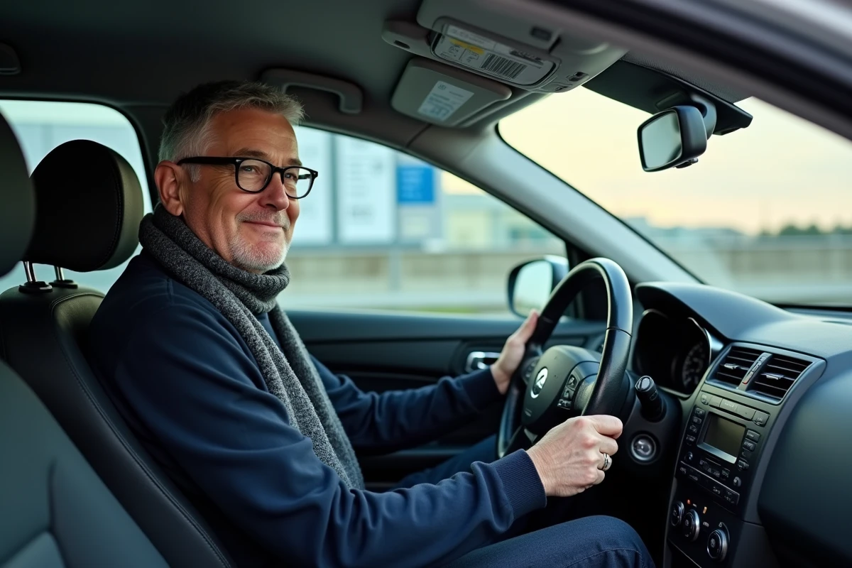 Homme dans sa voiture près du kiosque Eurotunnel