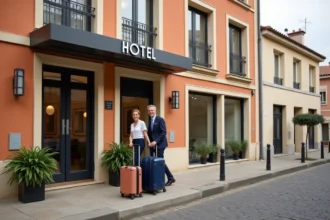 Façade d'un hôtel Ibis à Libourne avec un couple de voyageurs à l'entrée