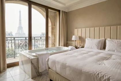Chambre d'hôtel de luxe à Paris avec jacuzzi intérieur et balcon donnant sur la Tour Eiffel