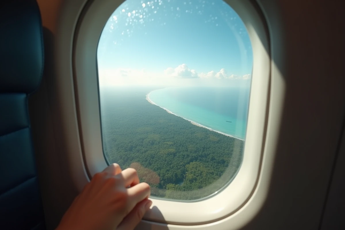 Vue depuis le hublot d'un avion survolant la Thaïlande en approche finale