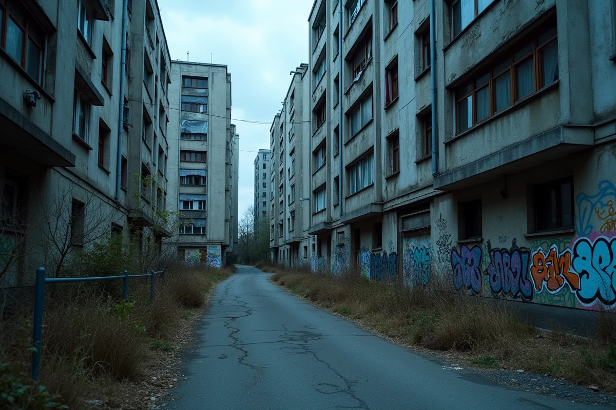 Immeuble résidentiel abandonné au style brutaliste en Europe de l'Est, façade dégradée et rue envahie par les mauvaises herbes au crépuscule