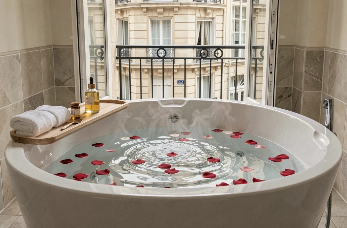 Gros plan sur un jacuzzi d'hôtel parisien avec pétales de rose et portes ouvertes sur un balcon donnant sur une rue parisienne