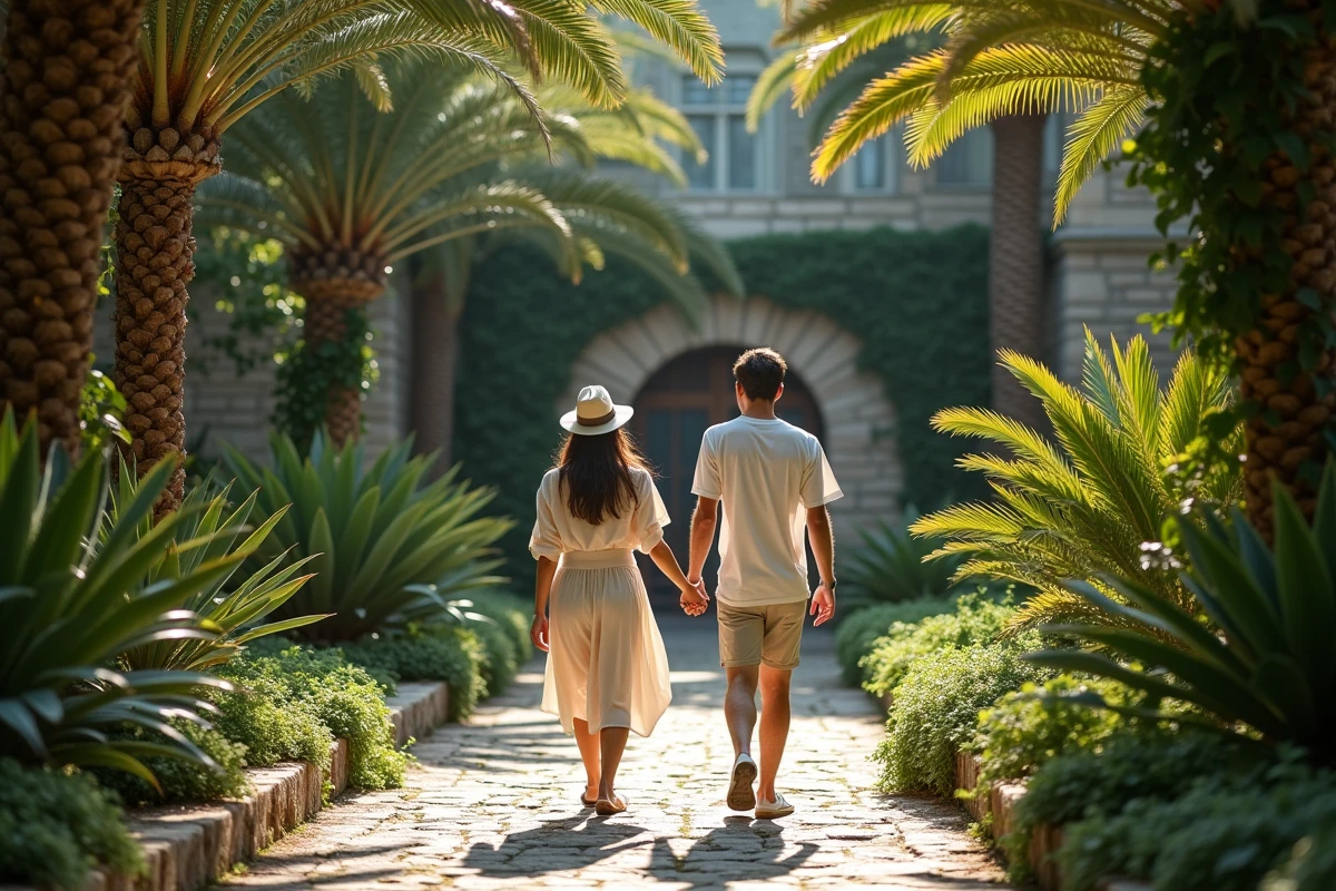 Couple se promenant dans le jardin botanique du monastère de l'île de Lokrum en Croatie