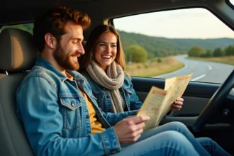Jeune couple souriant avec carte dans voiture en campagne