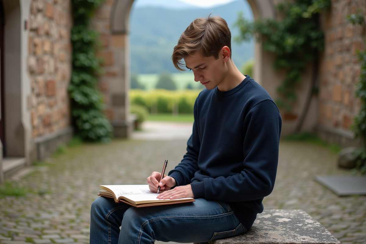 Jeune homme dessinant dans la cour du château de Styria