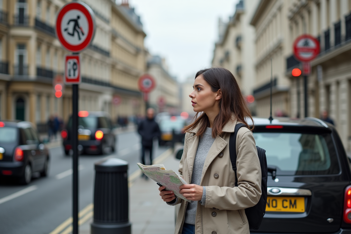 Jeune femme avec carte dans une rue de Londres