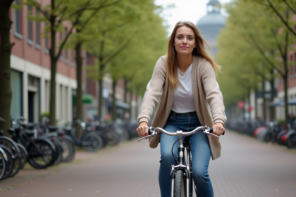 Jeune femme néerlandaise à vélo dans Amsterdam