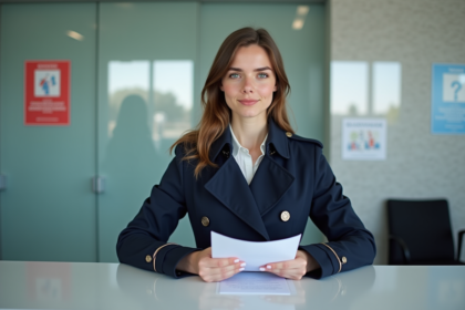 Jeune femme en trench et documents à la mairie
