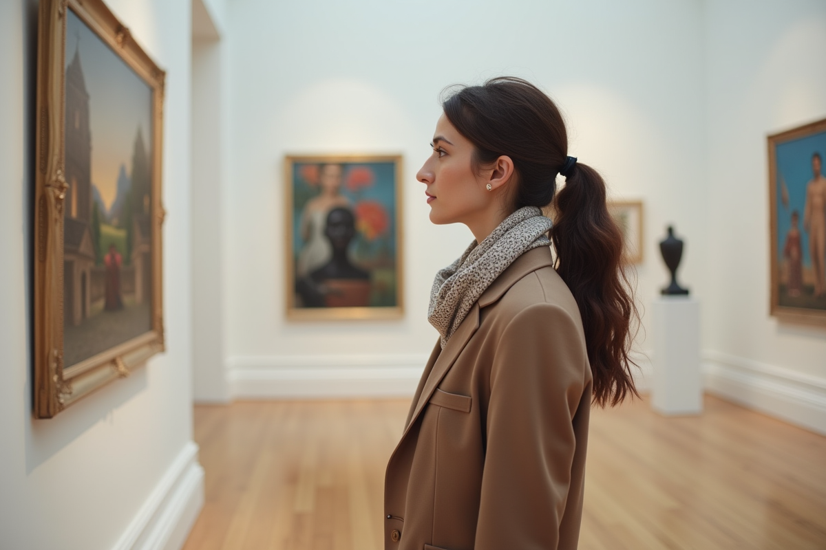 Jeune femme observant une peinture dans une galerie d