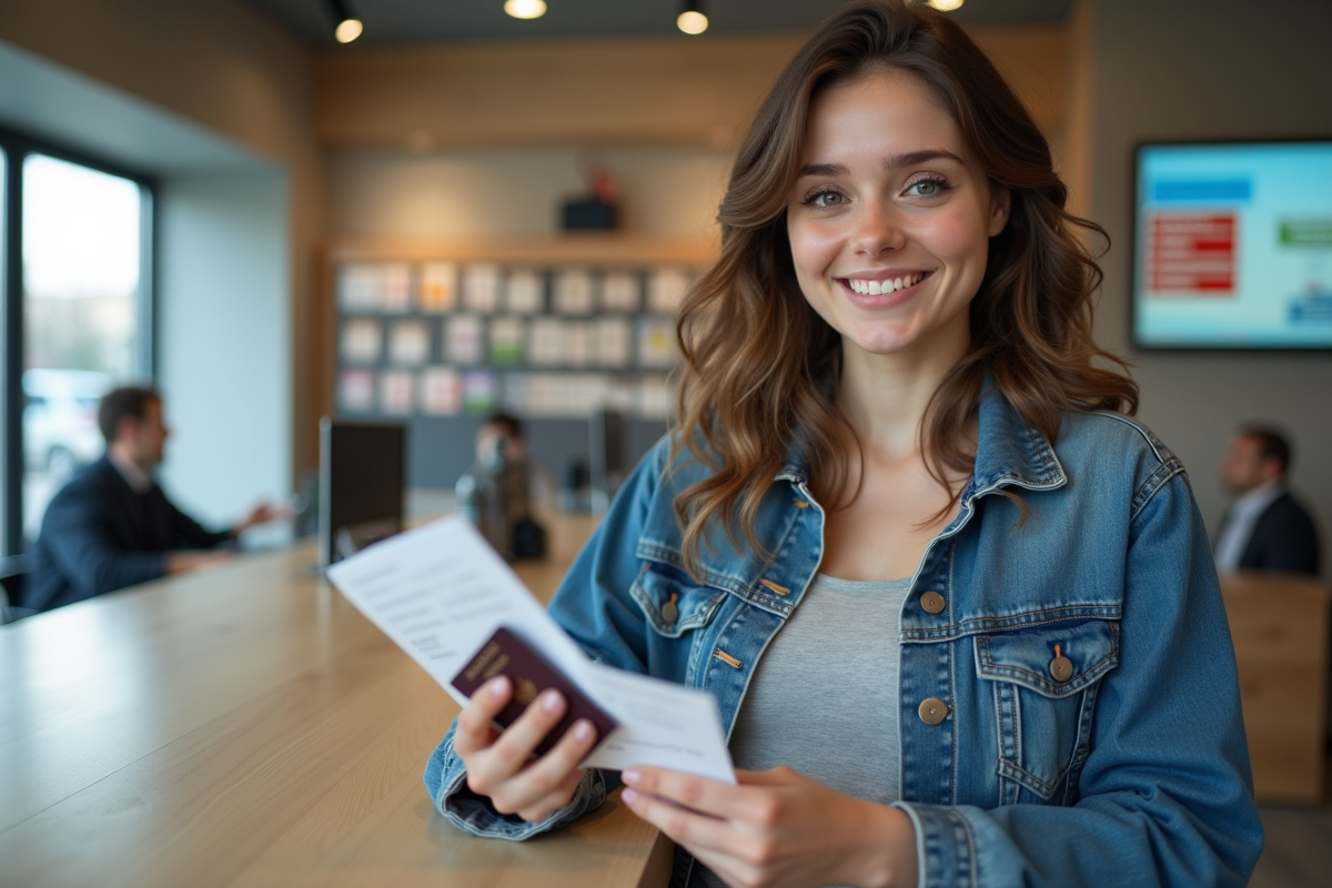 Jeune femme avec permis international à la location de voiture