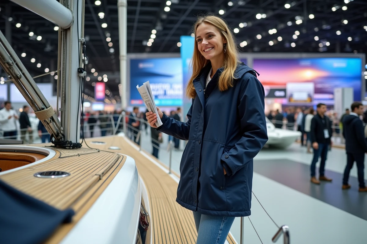 Jeune femme souriante à bord d’un voilier au salon nautique de Paris