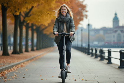 Jeune femme en scooter électrique sur la promenade automnale