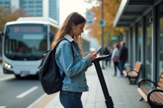Jeune femme avec scooter à un arrêt de bus en ville