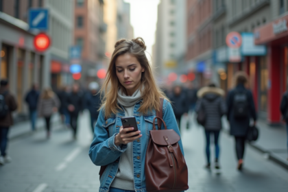 Jeune femme en ville regardant son smartphone