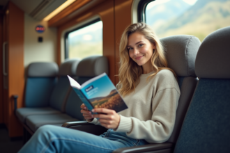 Jeune femme souriante avec Eurail Pbooklet dans un train